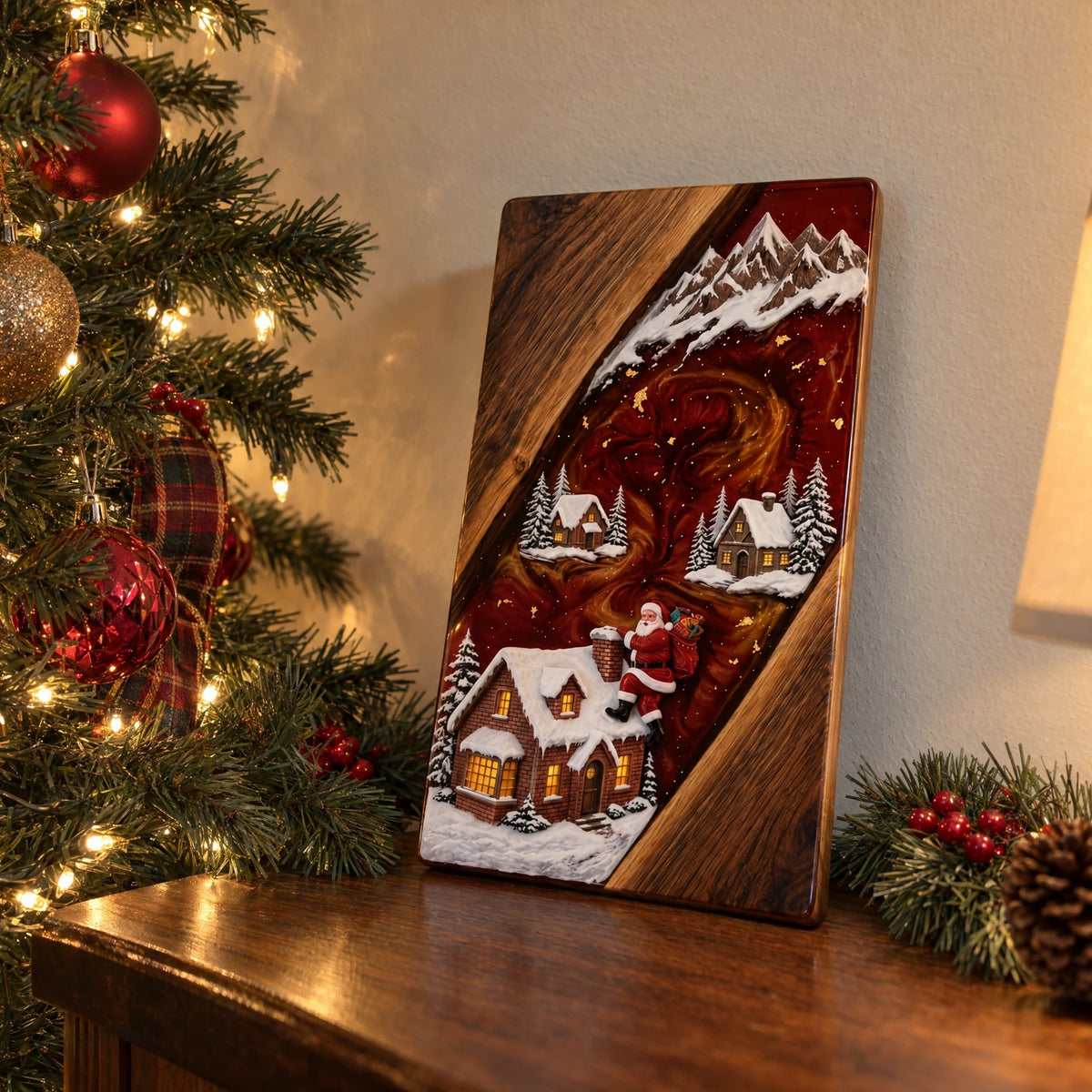 Santa's Cottage Christmas board on a console table beside the lit Christmas tree