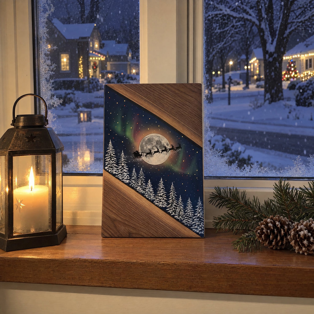 Sleigh and Moon Christmas board on a windowsill beside a candle lantern, snow falling outside